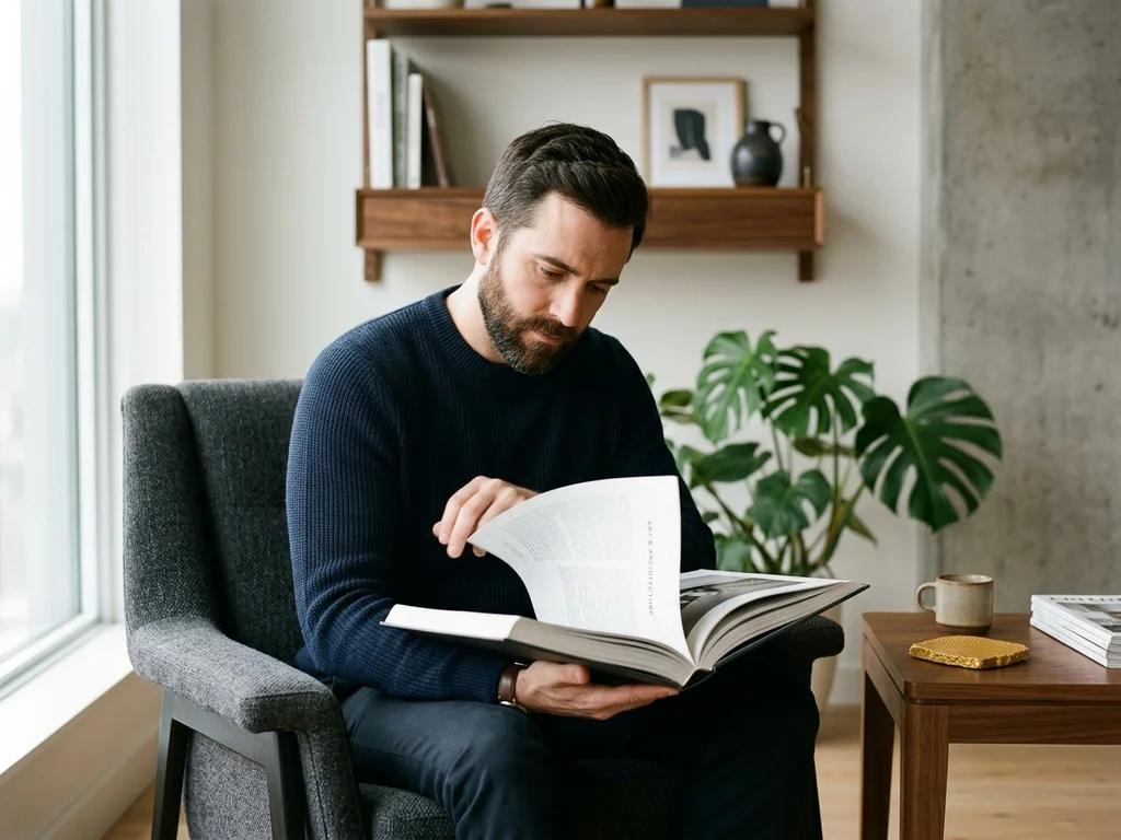 Hombre elegante leyendo un libro de diseño en un salón minimalista con luz natural.